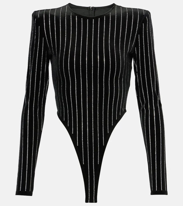 Alex Perry Crystal-embellished pinstripe velvet bodysuit | LYBSTORE