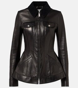 Alexander McQueen Corduroy-trimmed peplum leather jacket