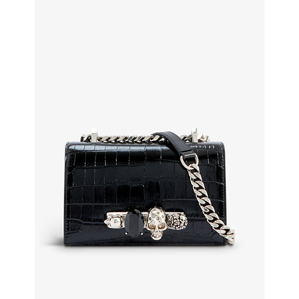 Womens Alexander Mcqueen Skull and jewel-embellished mini croc-embossed leather cross-body bag