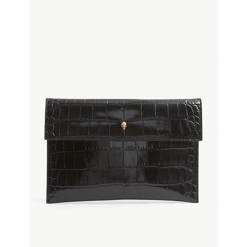  Alexander Mcqueen Skull-embellished croc-embossed leather envelope pouch