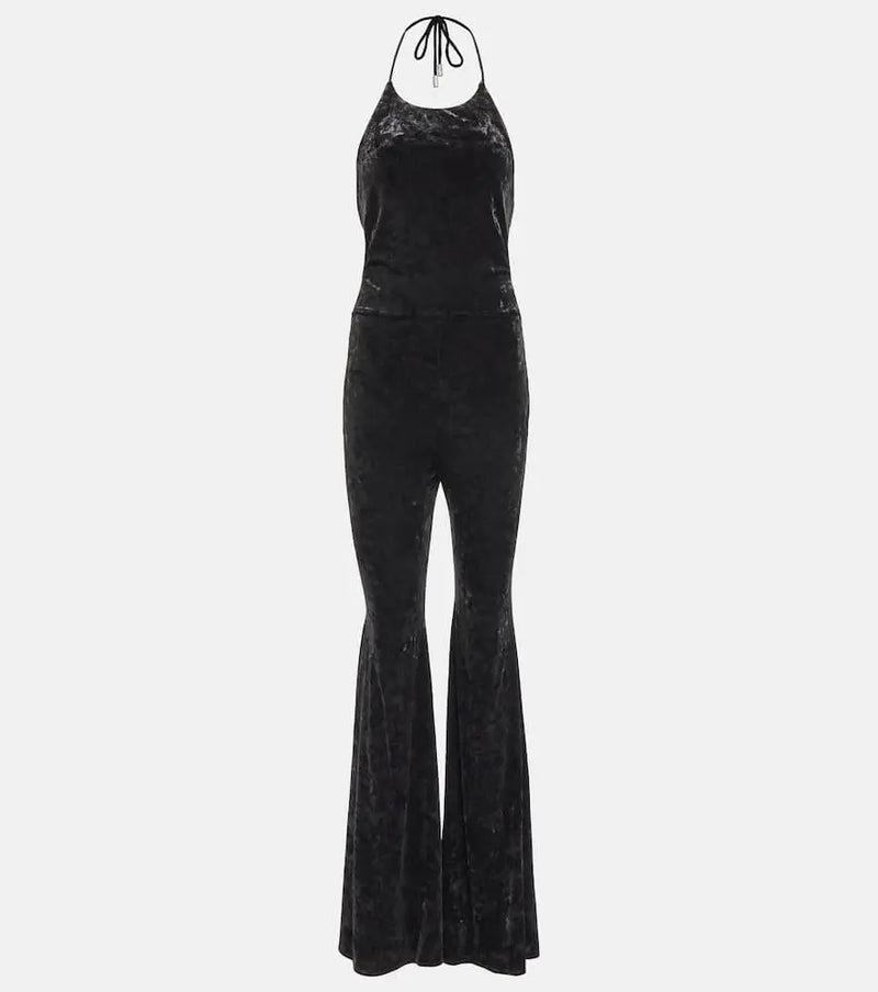 Alexandre Vauthier Halterneck flared velvet jumpsuit | LYBSTORE