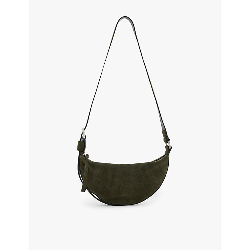 Allsaints Half Moon logo-embossed suede cross-body bag | LYBSTORE