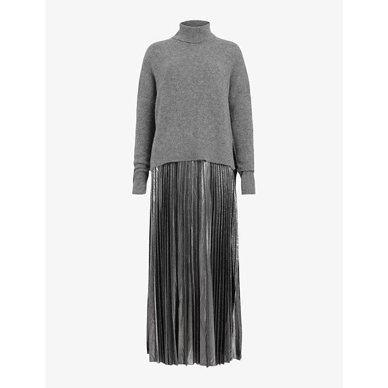 Womens Allsaints Spark high-neck pleated-skirt wool-blend midi dress