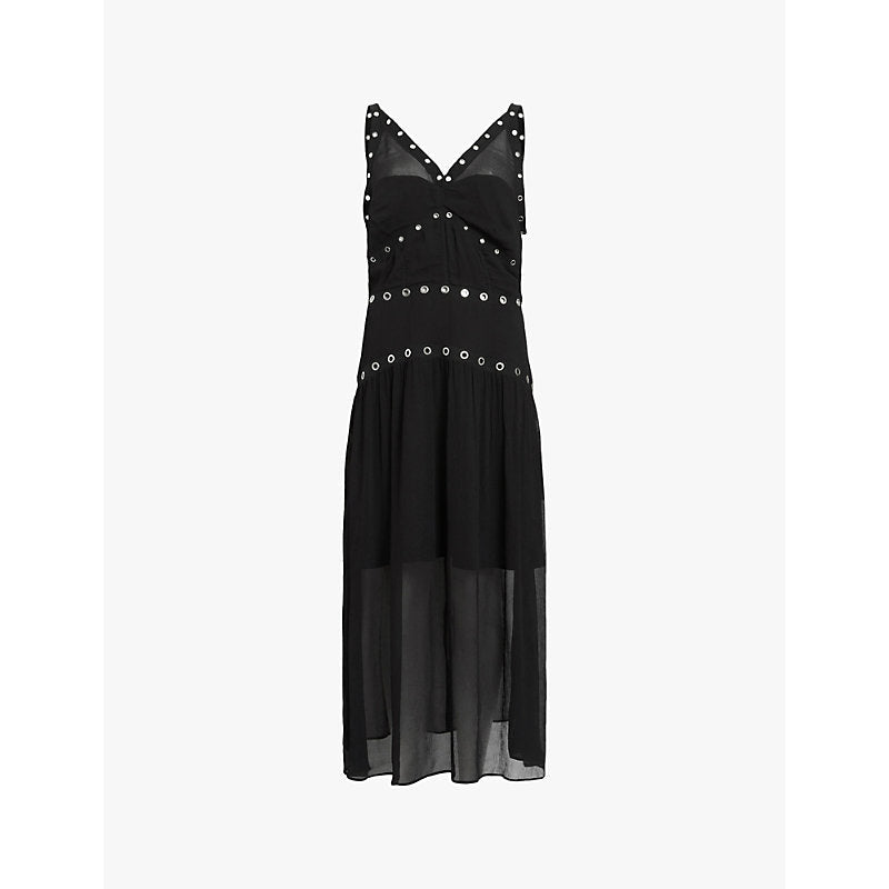 Allsaints Zita eyelet-embellished V-neck woven midi dress | LYBSTORE