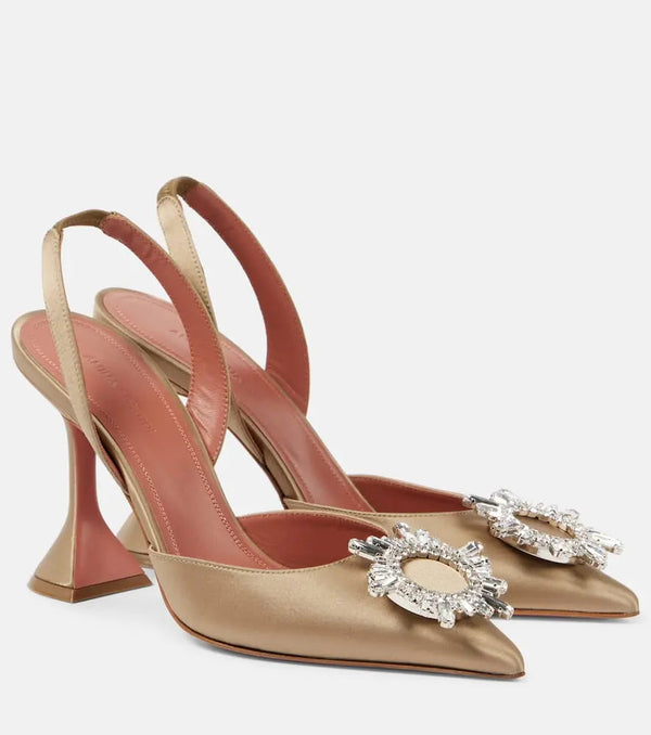 Amina Muaddi Begum 95 embellished satin slingback pumps | LYBSTORE