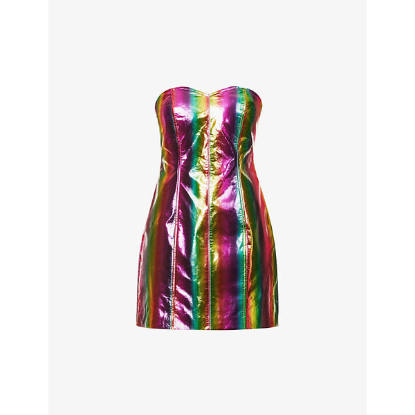 Womens Amy Lynn Rainbow striped sweetheart-neckline faux-leather mini dress