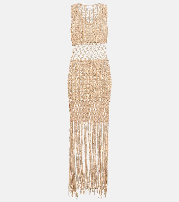 Anna Kosturova Fringe-trimmed crochet midi dress | LYBSTORE