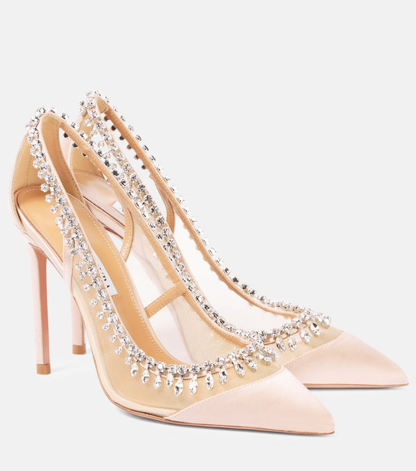 Aquazzura Crystal Crush 105 satin and mesh pumps