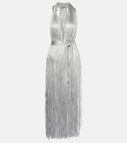 Area Fringed metallic-effect jersey gown