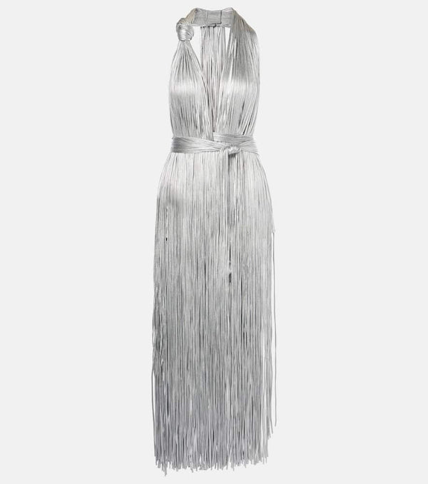 Area Fringed metallic-effect jersey gown