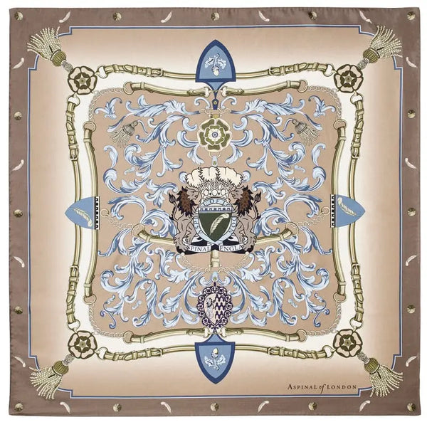 Aspinal of London Beige and Blue Pure Silk Signature Shield Scarf