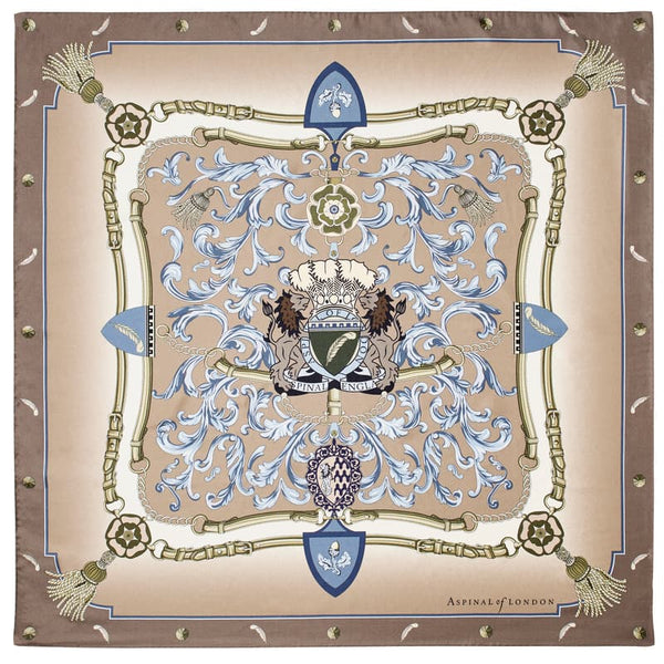 Aspinal of London Women's Beige and Blue Pure Silk Signature Shield Scarf