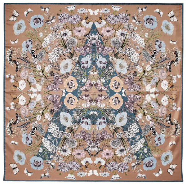 Aspinal of London Beige, Pink and Blue Pure Silk Floral Print Botanical 'A' Scarf