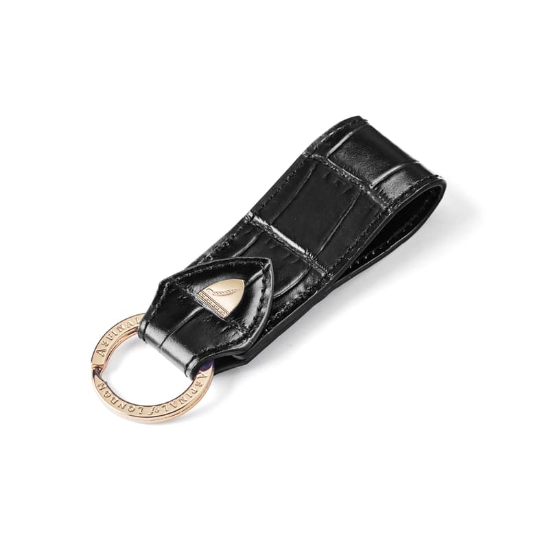 Aspinal of London Black Leather Crocodile Print Italian Full-Grain Small Loop Keyring