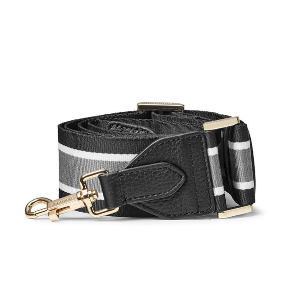 Aspinal of London Women's Black, White and Grey Nylon & Leather Striped Webbing Bag Strap