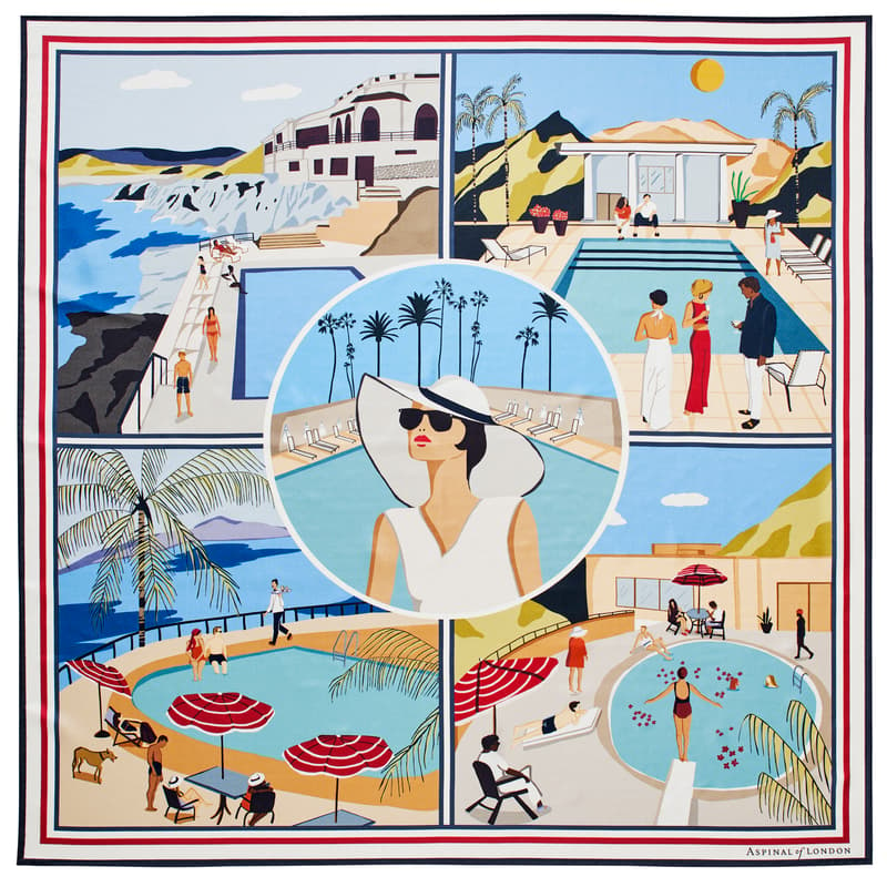 Aspinal of London Women's Blue, Red and White Pure Silk Poolside Scarf