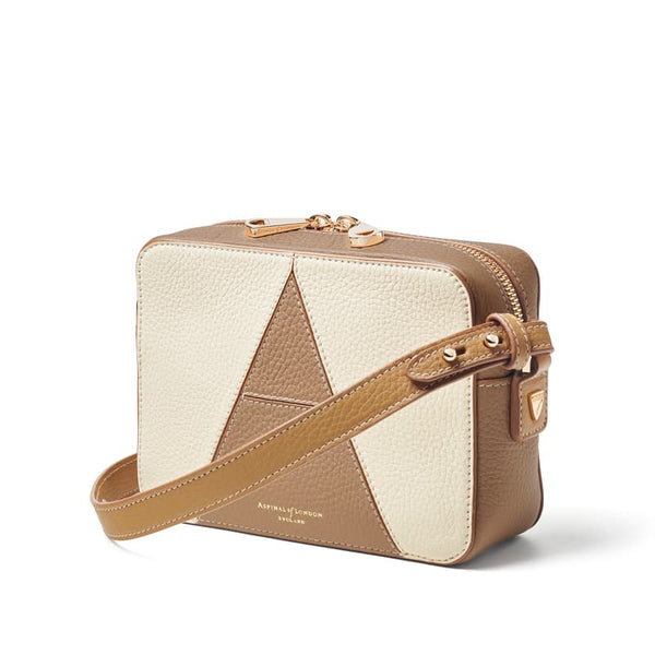 Aspinal of London Camera Leather Crossbody Bag in Soft Taupe & Ivory Pebble