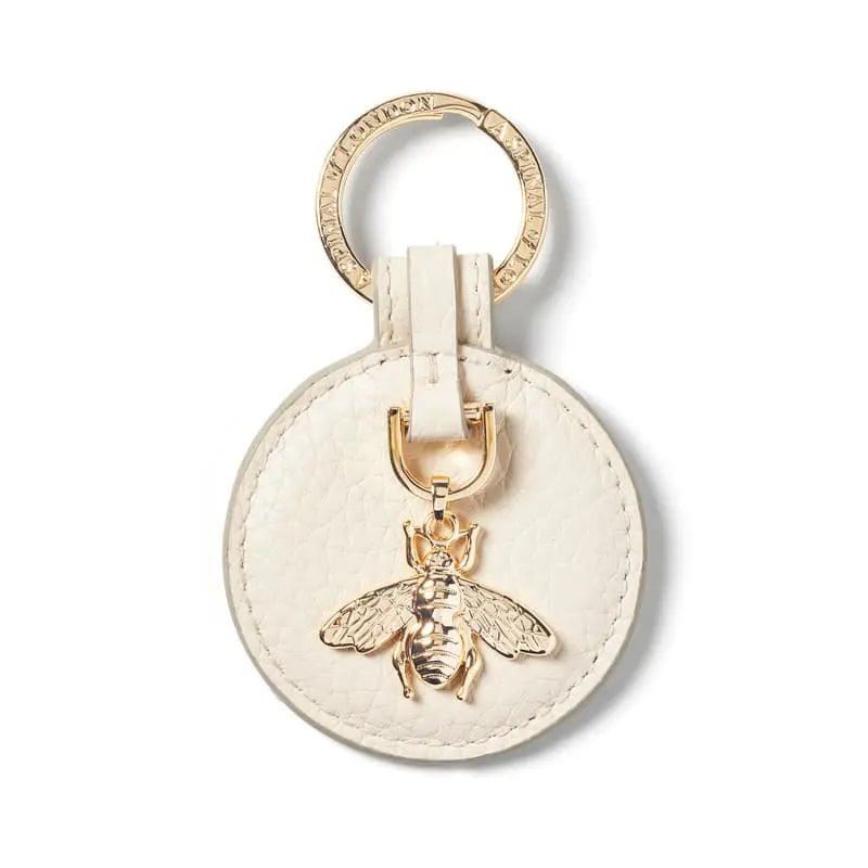 Aspinal of London Cream Pebble Leather Brand Detail Bee Keyring