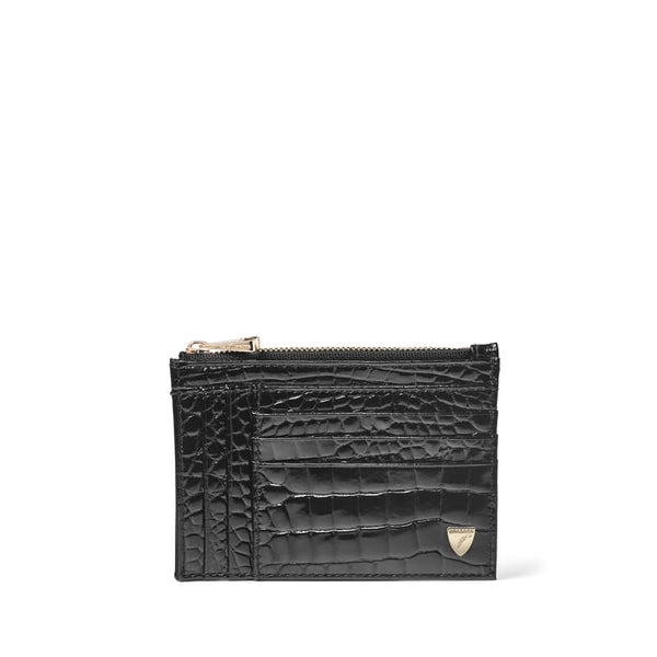 Aspinal of London Double Sided Zipped Card & Coin Holder in Black Patent Croc