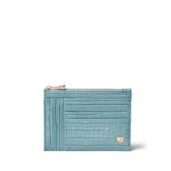 Aspinal of London Double Sided Zipped Card & Coin Holder in Deep Shine Cornflower Blue Small Croc