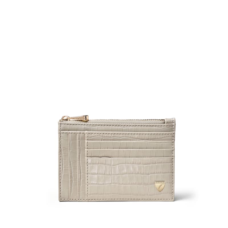 Aspinal of London Double Sided Zipped Card & Coin Holder in Deep Shine Dove Grey Small Croc