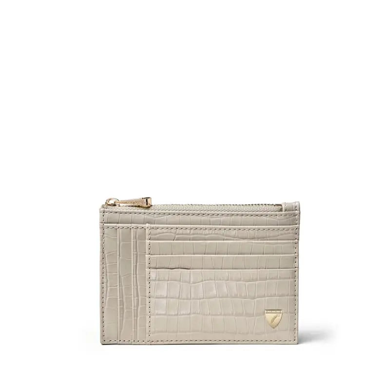 Aspinal of London Double Sided Zipped Card & Coin Holder in Deep Shine Dove Grey Small Croc