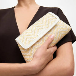 Aspinal of London Evening Clutch in Embroidered Natural Raffia & Smooth White