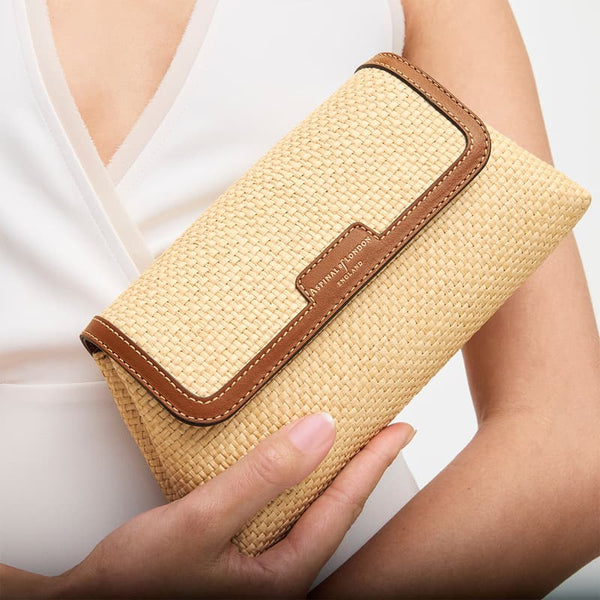 Aspinal of London Evening Clutch in Natural Raffia & Smooth Tan