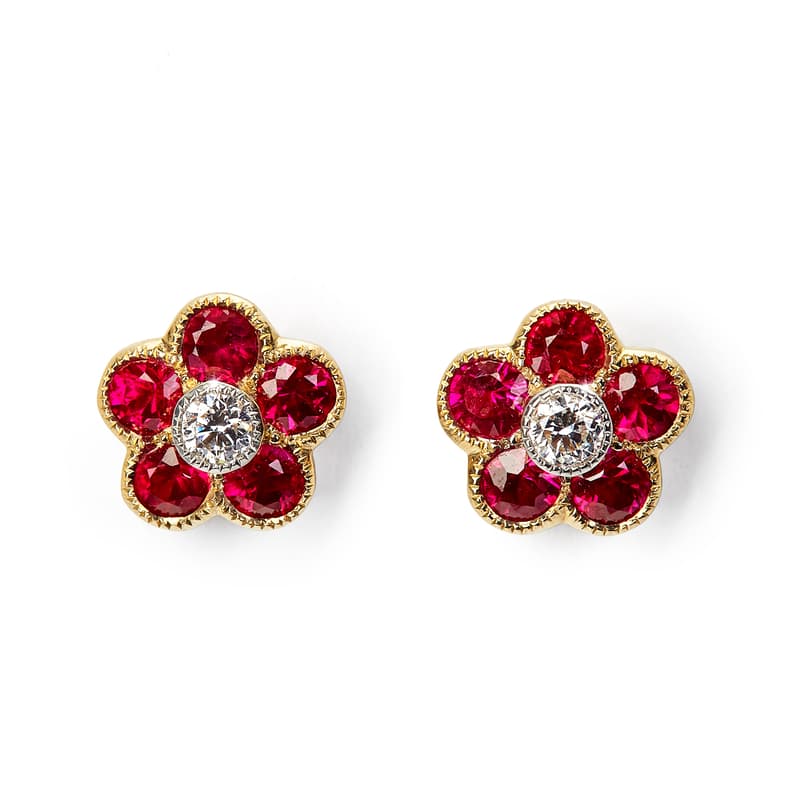 Aspinal of London Gold & Diamond Flower Athena 18ct Ruby Red & Cluster Stud Earrings