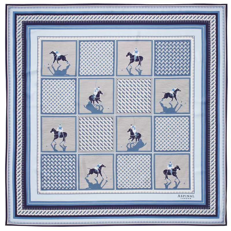 Aspinal of London Graphic Polo Silk Scarf in Cornflower & Caspian Blue