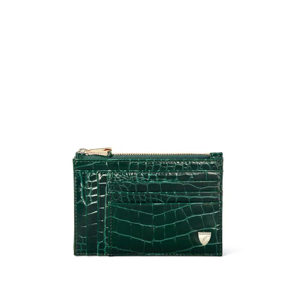 Aspinal of London Green Leather Crocodile Print Double Sided Zipped Card & Coin Holder