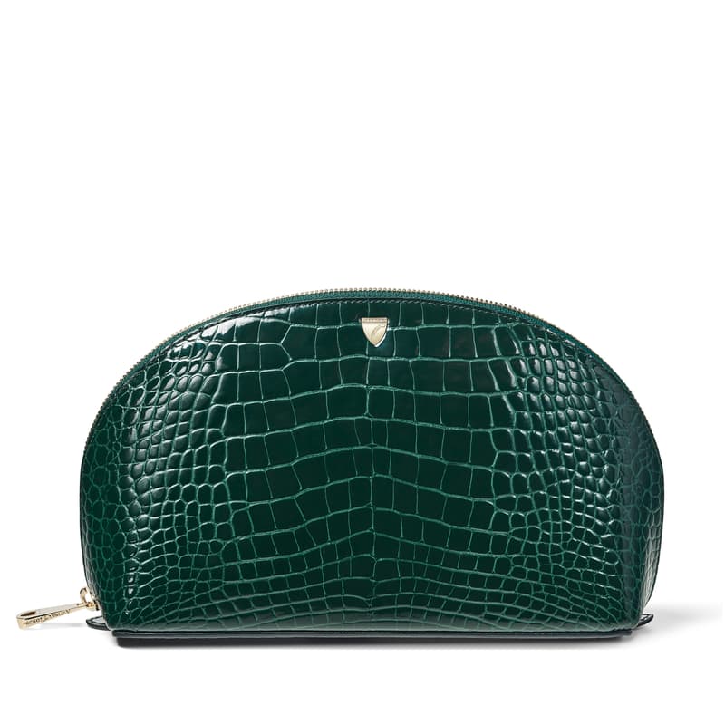 Aspinal of London Women's Green Leather Crocodile Print Large Makeup & Toiletry Bag