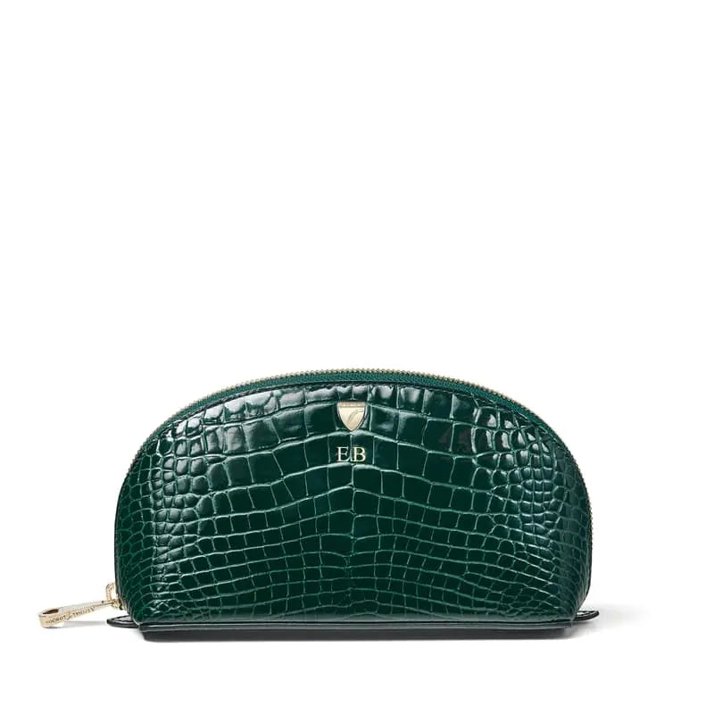 Aspinal of London Green Leather Crocodile Print Small Cosmetic Case