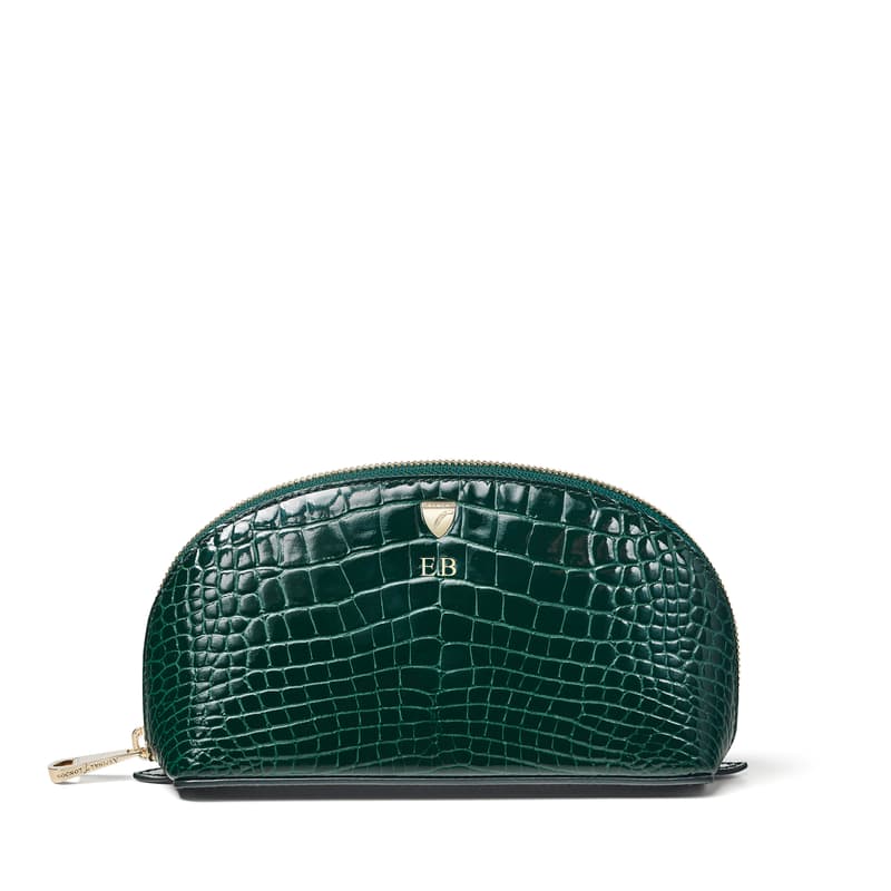 Aspinal of London Women's Green Leather Crocodile Print Small Cosmetic Case