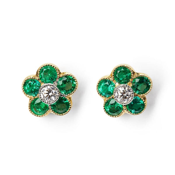 Aspinal of London Green and Gold Flower Athena 18ct Emerald & Diamond Cluster Stud Earrings