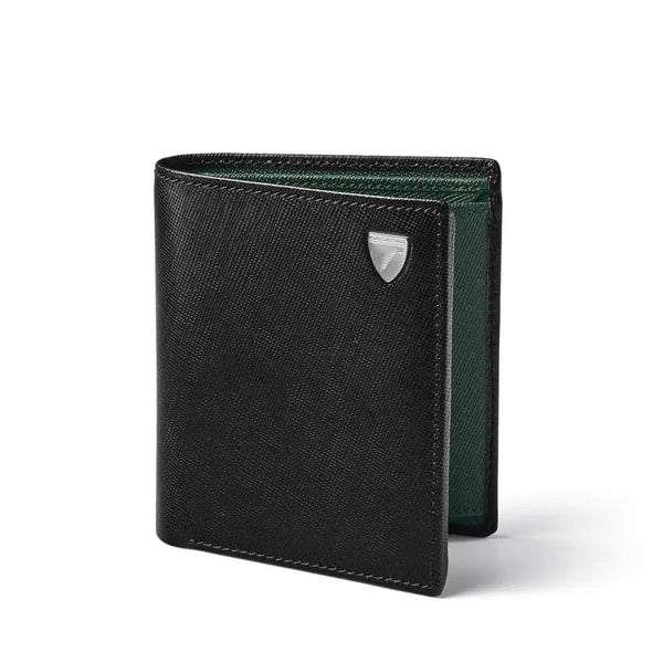 Aspinal of London ID & Coin Rfid Leather Wallet in Black & Green Saffiano