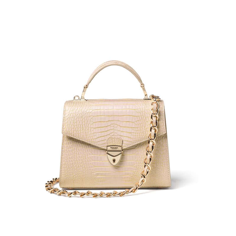 Aspinal of London Mayfair 2 Midi Champagne Metallic Croc Bag