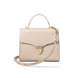 Aspinal of London Mayfair Beige Leather Italian Full Grain Brown Crocodile Print Bag