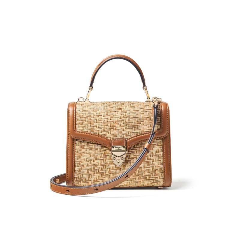 Aspinal of London Mayfair Midi Biscuit Raffia & Smooth Tan Bag