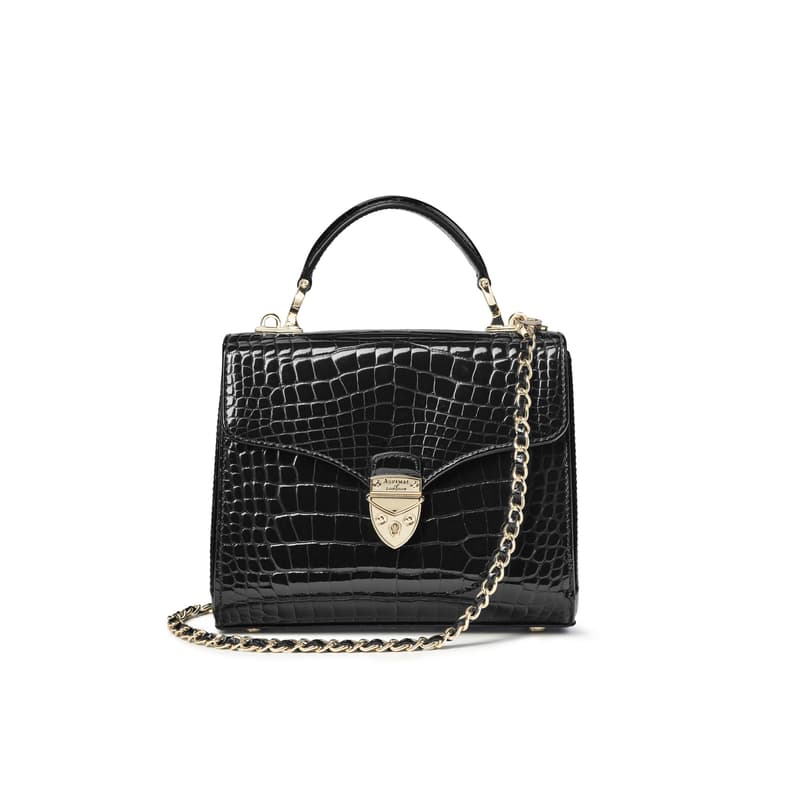 Aspinal of London Mayfair Midi Black Leather Crocodile Print Bag