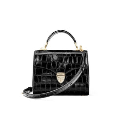 Aspinal of London Mayfair Midi Black Leather Crocodile Print Bag