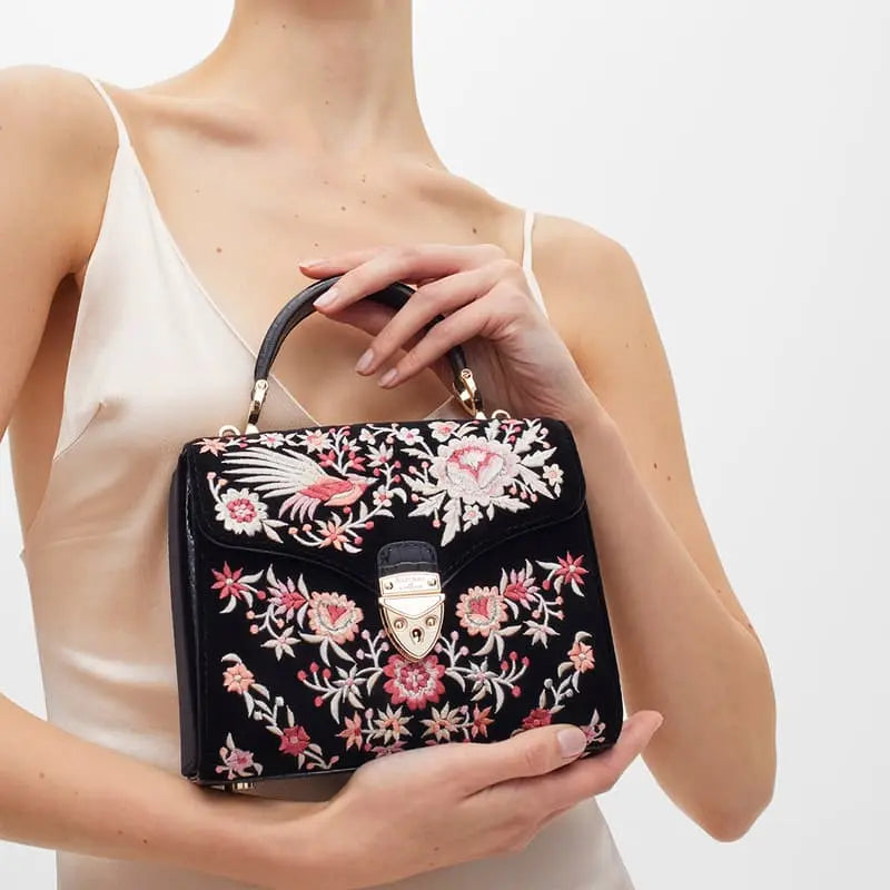 Aspinal of London Mayfair Midi Black and Pink Velvet Bird & Floral Hand Embroidered Bag