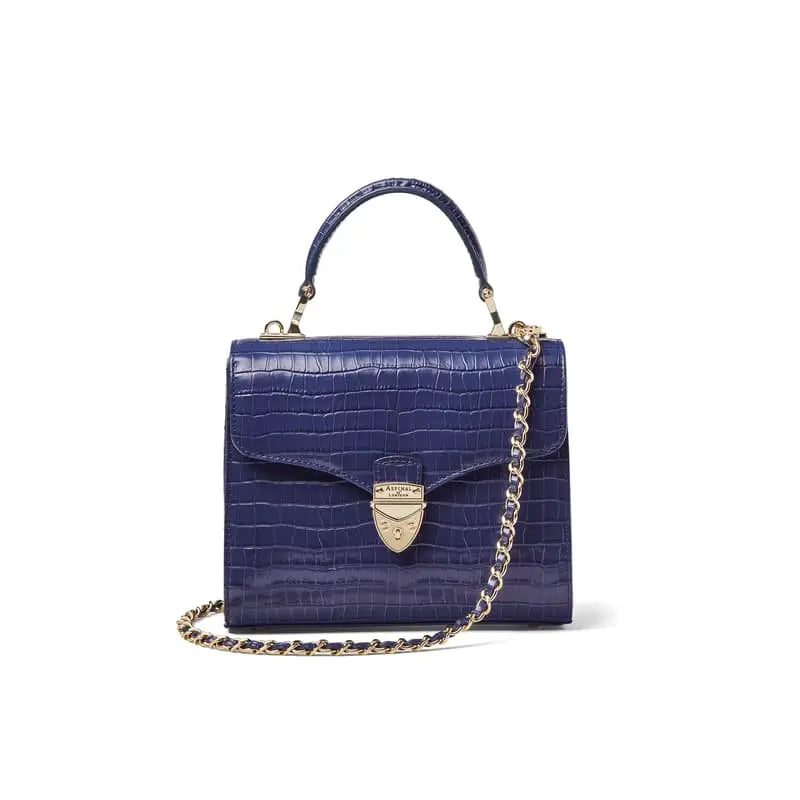 Aspinal of London Mayfair Midi Deep Shine Caspian Blue Small Croc Bag