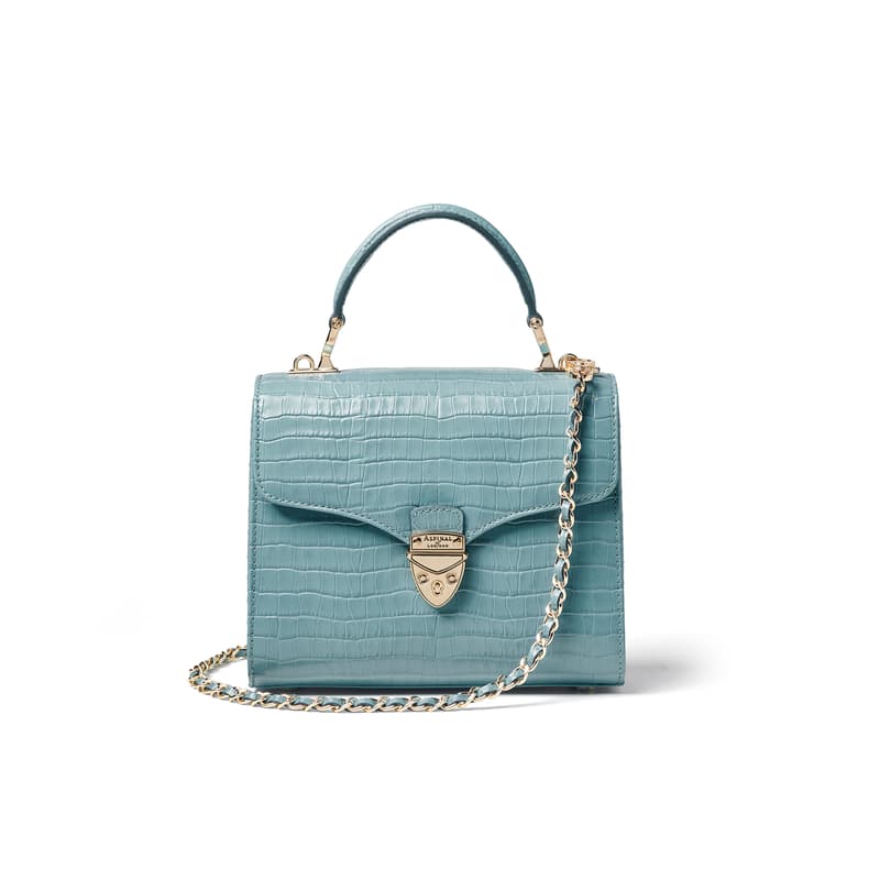 Aspinal of London Mayfair Midi Deep Shine Cornflower Blue Small Croc Bag