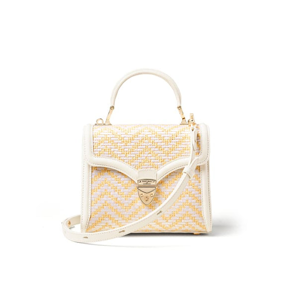 Aspinal of London Mayfair Midi Embroidered Natural Raffia & Smooth White Bag