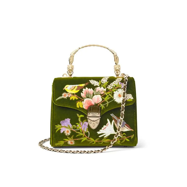 Aspinal of London Mayfair Midi Green Leather Velvet English Garden Birds Hand Embroidered Bag