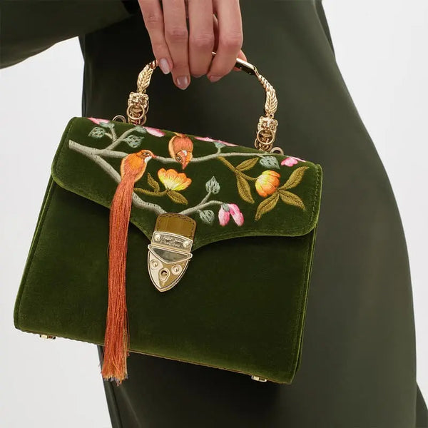 Aspinal of London Mayfair Midi Green Velvet and Leather Birds Paradise Hand Embroidered Bag