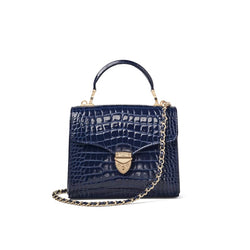 Aspinal of London Mayfair Midi Midnight Blue Patent Croc Bag