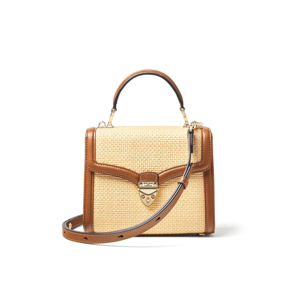 Aspinal of London Mayfair Midi Natural Raffia & Smooth Tan Bag