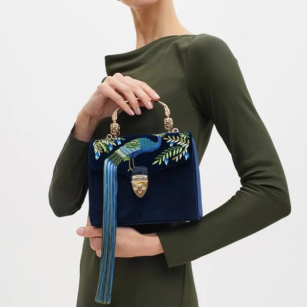 Aspinal of London Mayfair Midi Navy Blue and Green Velvet Leather Peacock Hand Embroidery Bag